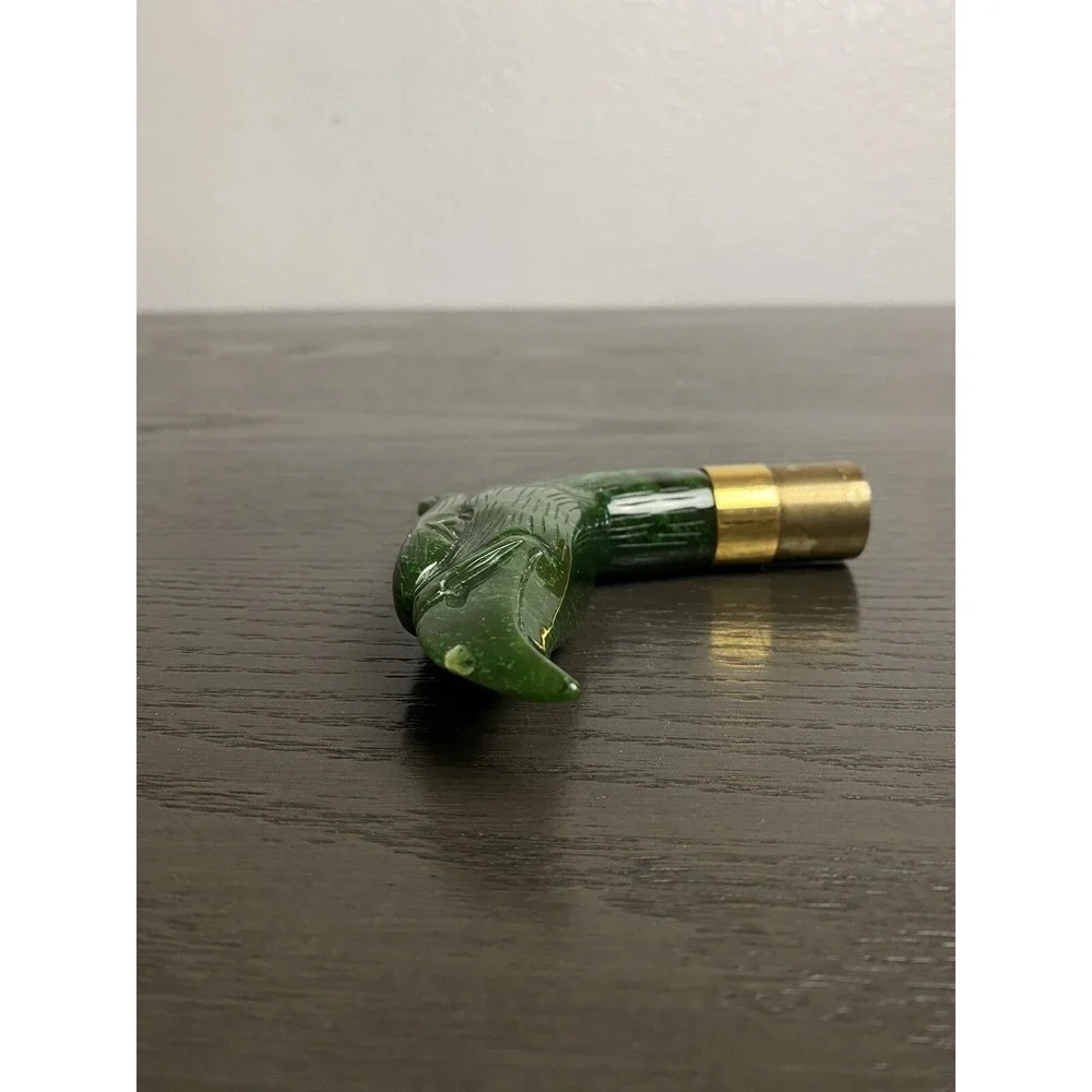 Antique Carved Jadeite Bird of Prey Brass Walking Stick Raptor Cane Eagle